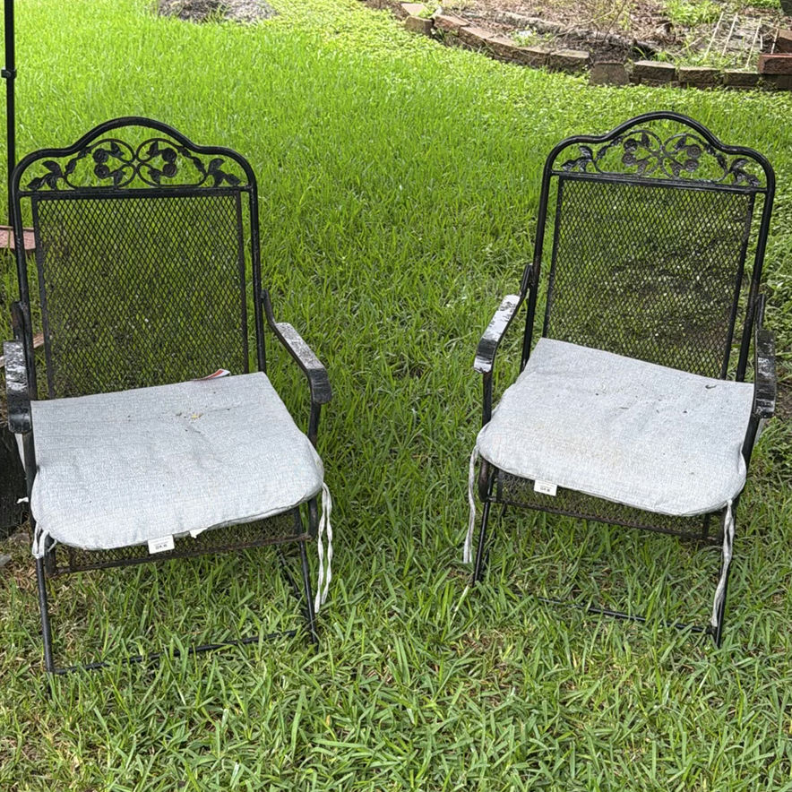 Outdoor metal chairs and decorative iron plant stand - image 4 of 6