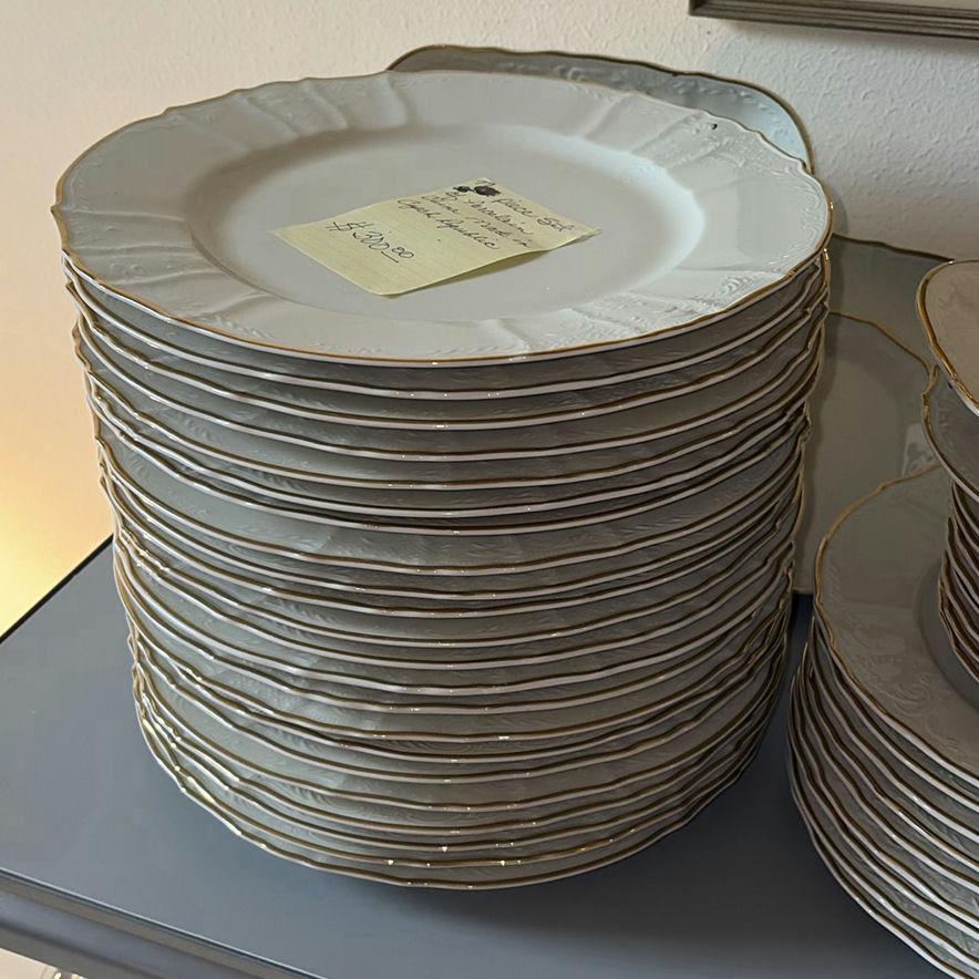 Porcelain dinnerware set with gold-edged plates, bowls, saucers, and cups - image 2 of 9