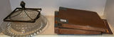 Vintage glass serving dish with ornate metal frame and antique vinyl records - thumbnail 1 of 4