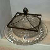 Vintage glass serving dish with ornate metal frame and antique vinyl records - thumbnail 2 of 4