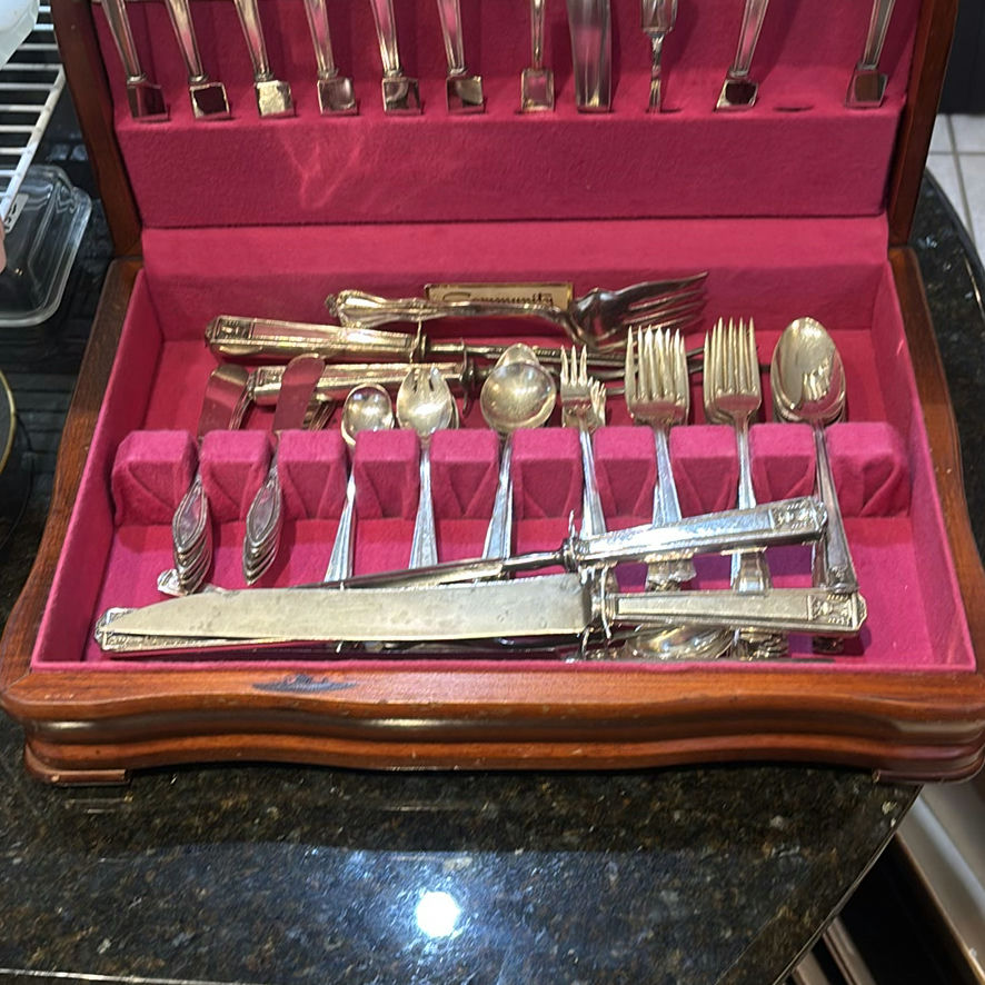 Antique wooden silverware chest with silver-plated flatware - image 3 of 4