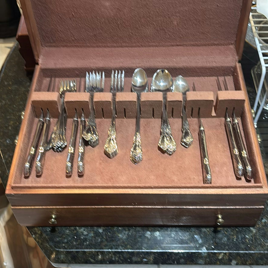 Ornate silverware set in a two-tier wooden storage case - image 2 of 5
