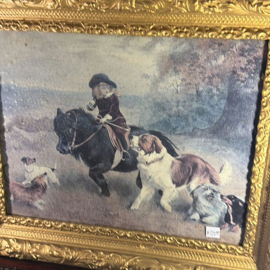 Framed painting of rider on horse with hounds - image 7 of 7