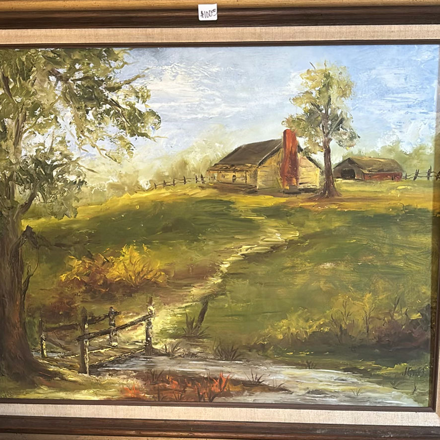 Ornate gilt metal candlesticks and framed pastoral landscape painting - image 6 of 7