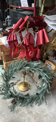 Assorted Christmas Decorations: wreath, brass centerpiece, and figurines - Image 1 of 9