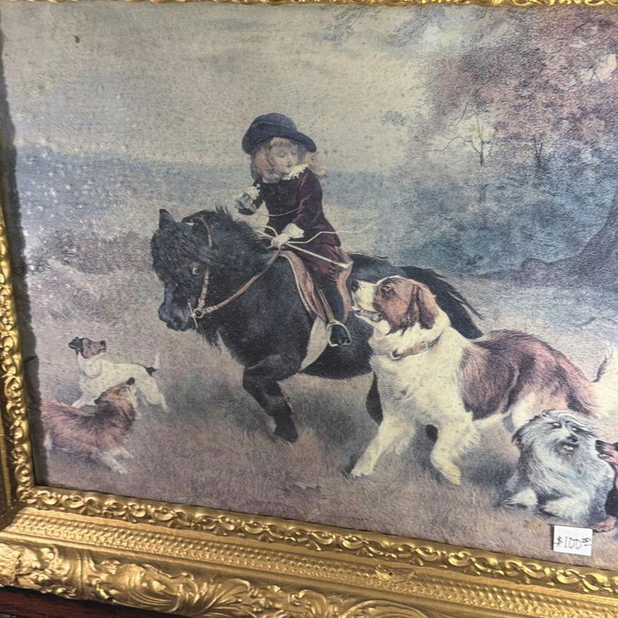 Framed painting of rider on horse with hounds - image 2 of 7