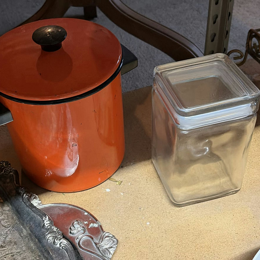 Floral Teapot, Ornate Silver plated Trays, Enamel Pot, and Glass Jar - image 4 of 4