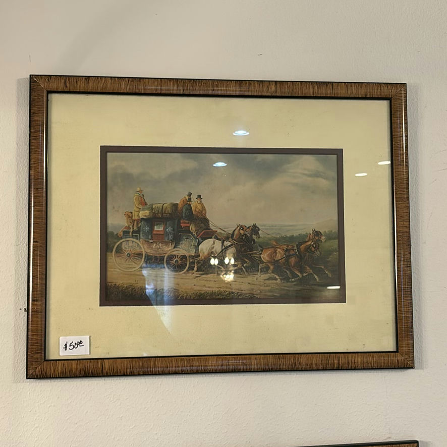 Framed floral still life prints, vintage carriage scenes, and a round wall clock - image 4 of 6