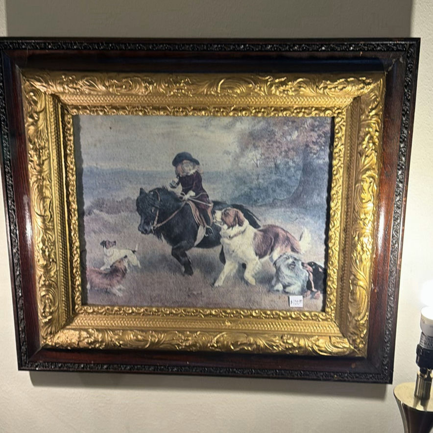 Framed painting of rider on horse with hounds - image 1 of 7