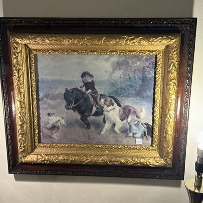 Framed painting of rider on horse with hounds - Image 1 of 7