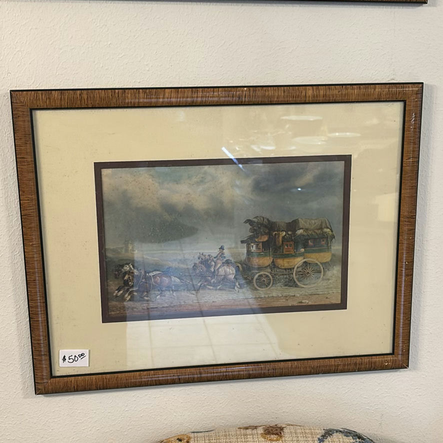Framed floral still life prints, vintage carriage scenes, and a round wall clock - image 5 of 6