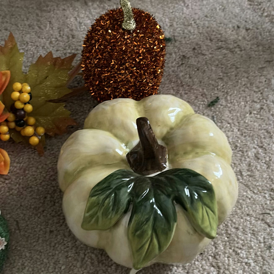 Autumn-themed decorative pumpkins, floral arrangements, bunny ornament, and table lamp - image 4 of 7