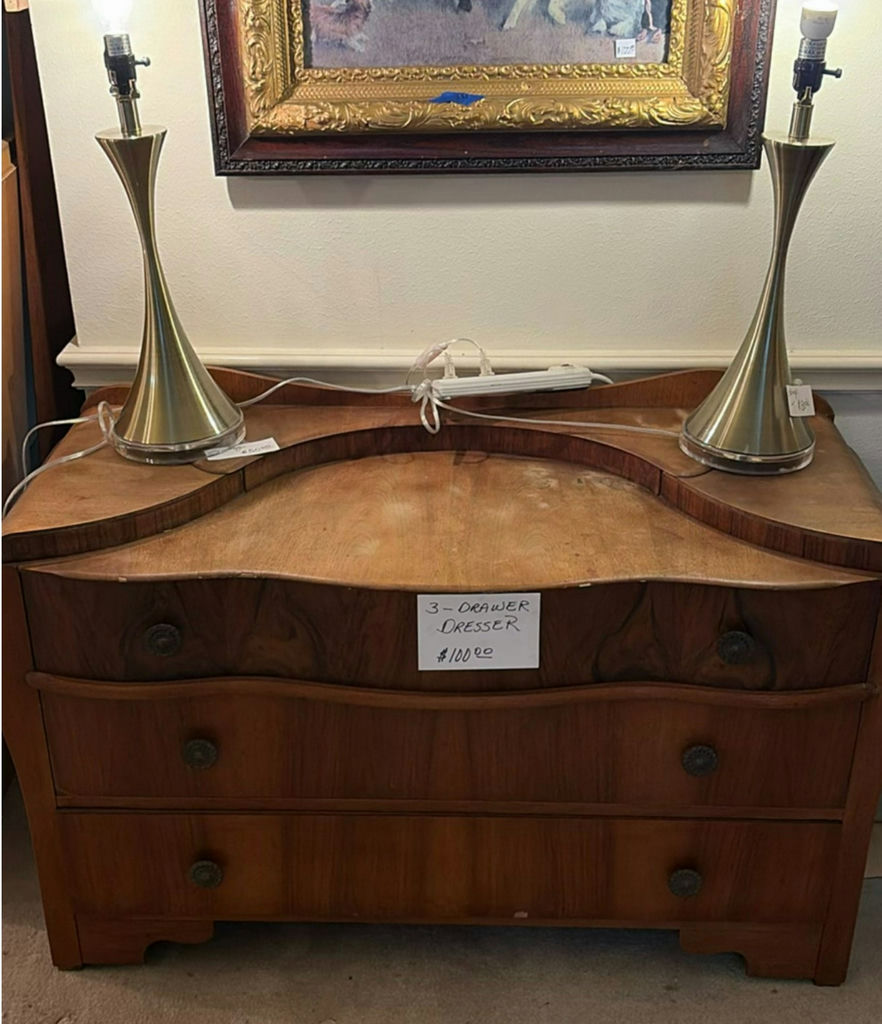 Three-Drawer Wooden Dresser with 2 Brass Lamps - image 1 of 5
