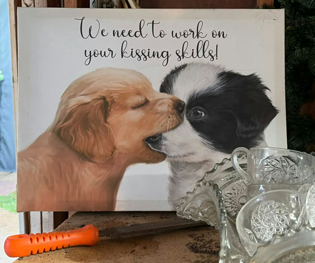 Kissing puppies sign with glassware, teapot, and vintage kitchenware - image 1 of 7