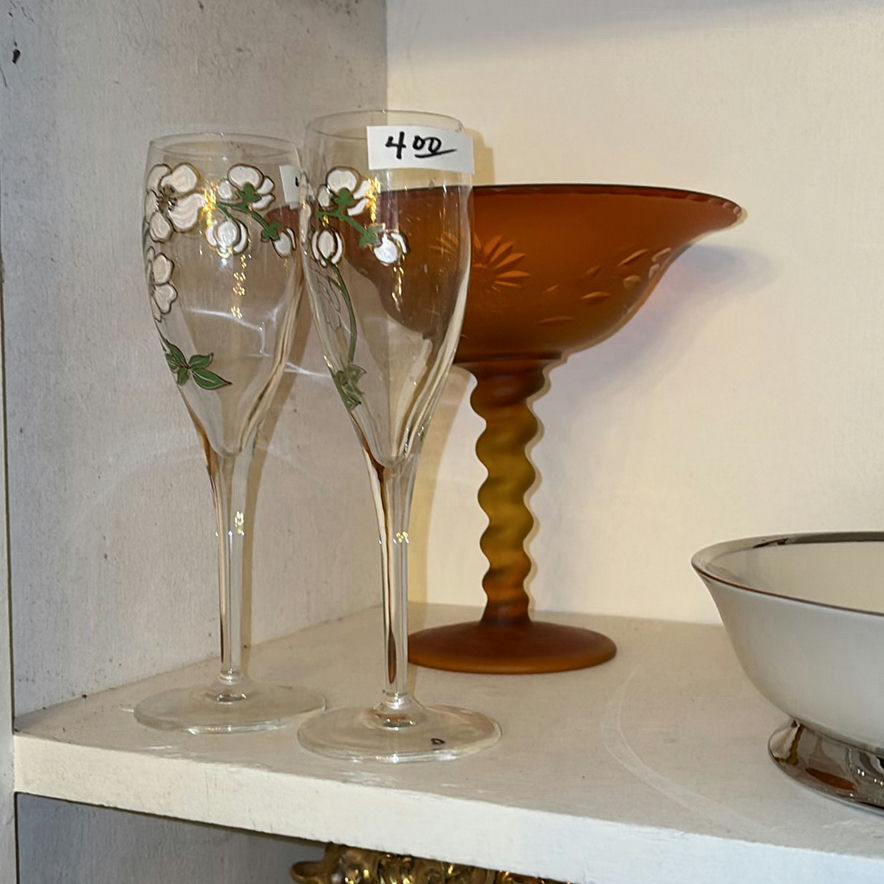 Assorted decorative shelf items: glassware, ceramics, sign and cork figurines - image 2 of 6