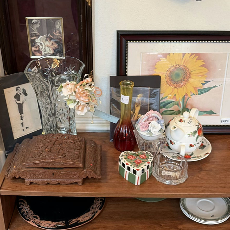 Wooden Display Shelf with Framed Art and Vintage Ceramics - image 7 of 17