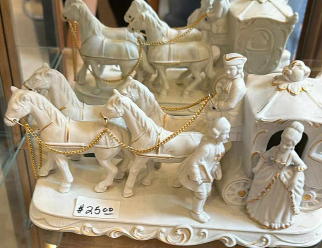 Grandfather clock with display cabinet, crackle-glazed eggs, and porcelain carriage - image 10 of 10