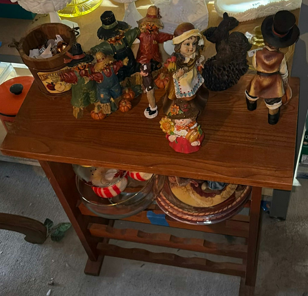 Autumn harvest and holiday decor on wooden shelf - image 1 of 7