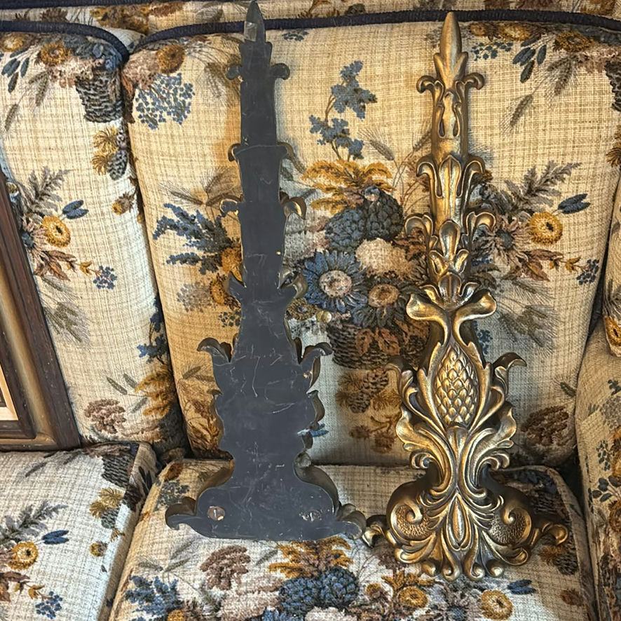 Ornate gilt metal candlesticks and framed pastoral landscape painting - image 4 of 7