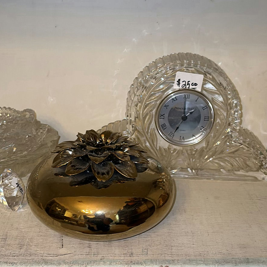 Crystal glass bowls, clock, and brass decorative items - image 3 of 5