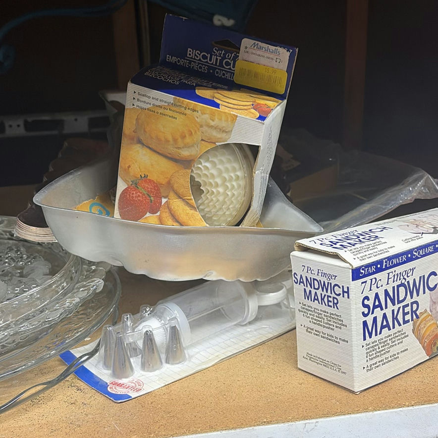 Glass cake stands, ornate metal stands, jars, and sandwich maker kit - image 2 of 5