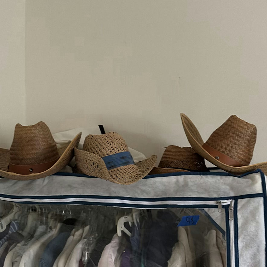 Fabric wardrobe with hanging clothes and hats - image 6 of 6