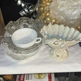Assorted decorative glassware, ceramics, and a gold bell wreath - thumbnail 2 of 6