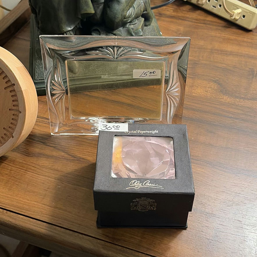 Bronze-toned figurine sculpture, round clock, glass frame, and jewelry box - image 2 of 4