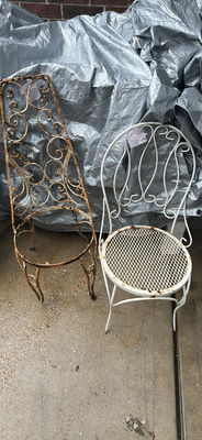 Outdoor metal chairs and decorative iron plant stand - Image 1 of 6