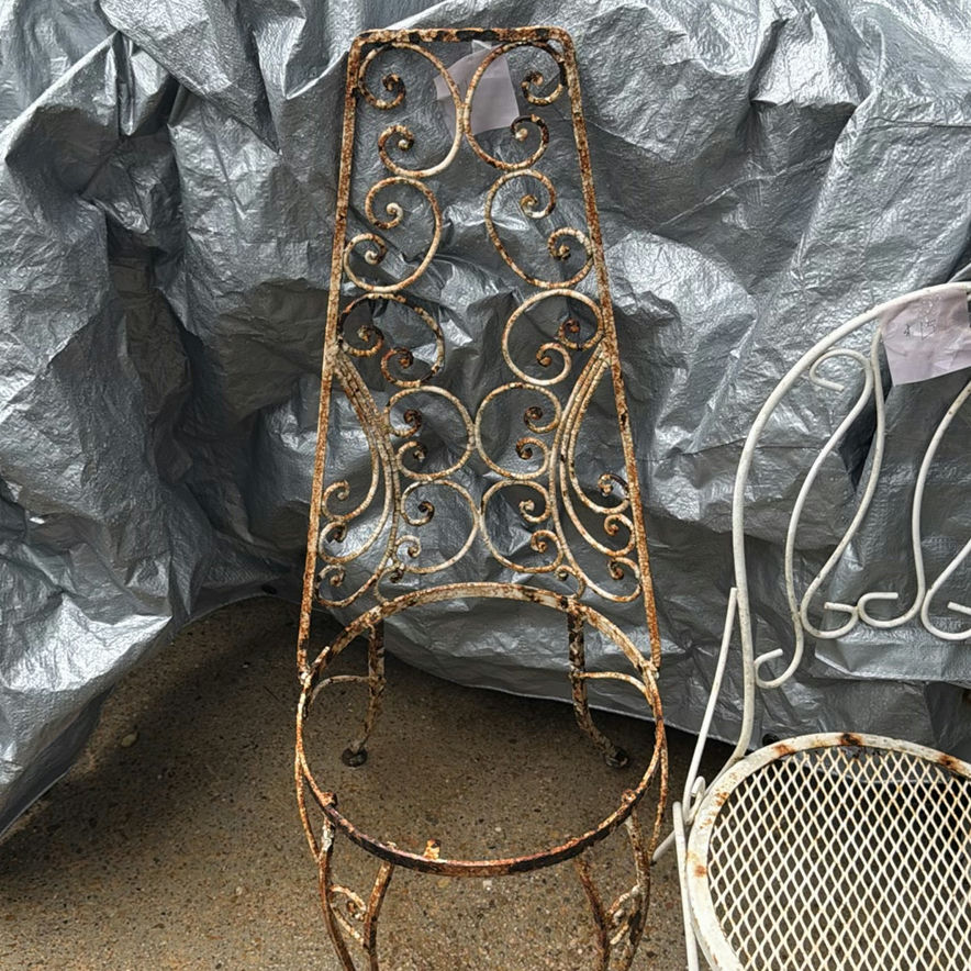 Outdoor metal chairs and decorative iron plant stand - image 3 of 6