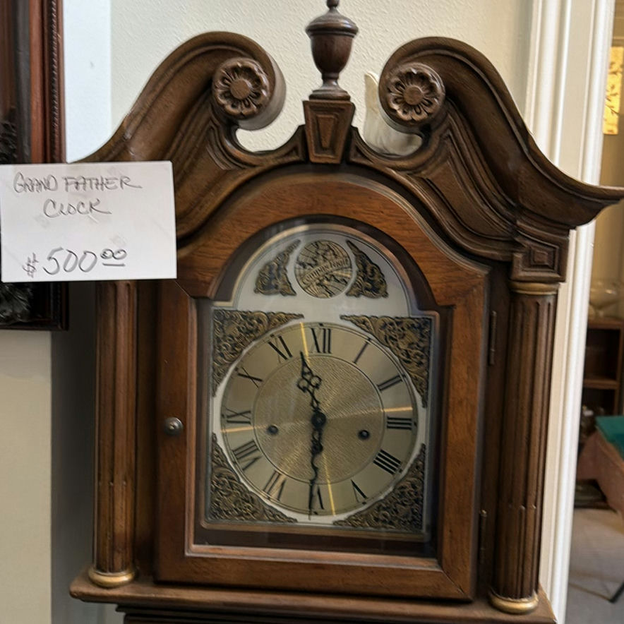 Grandfather clock with display cabinet, crackle-glazed eggs, and porcelain carriage - image 3 of 10