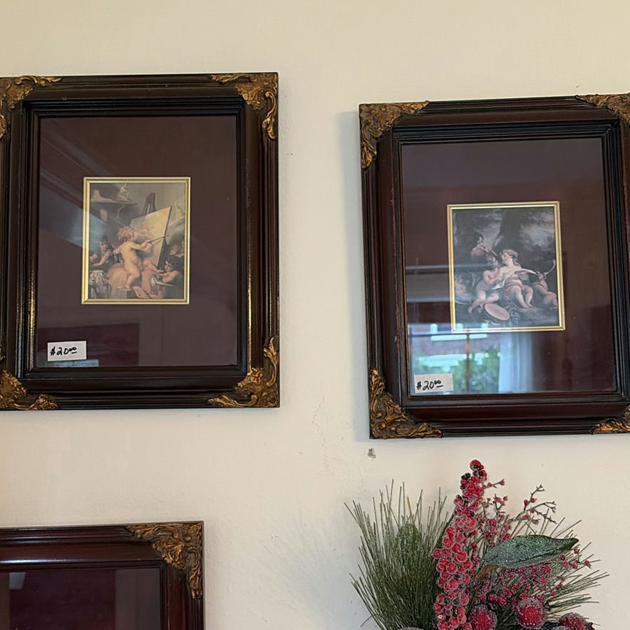Wooden Display Shelf with Framed Art and Vintage Ceramics - image 3 of 17