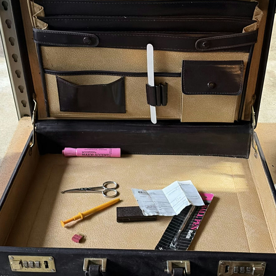 Glass bakeware, ornate wooden tray, and leather roll organizer - image 5 of 6