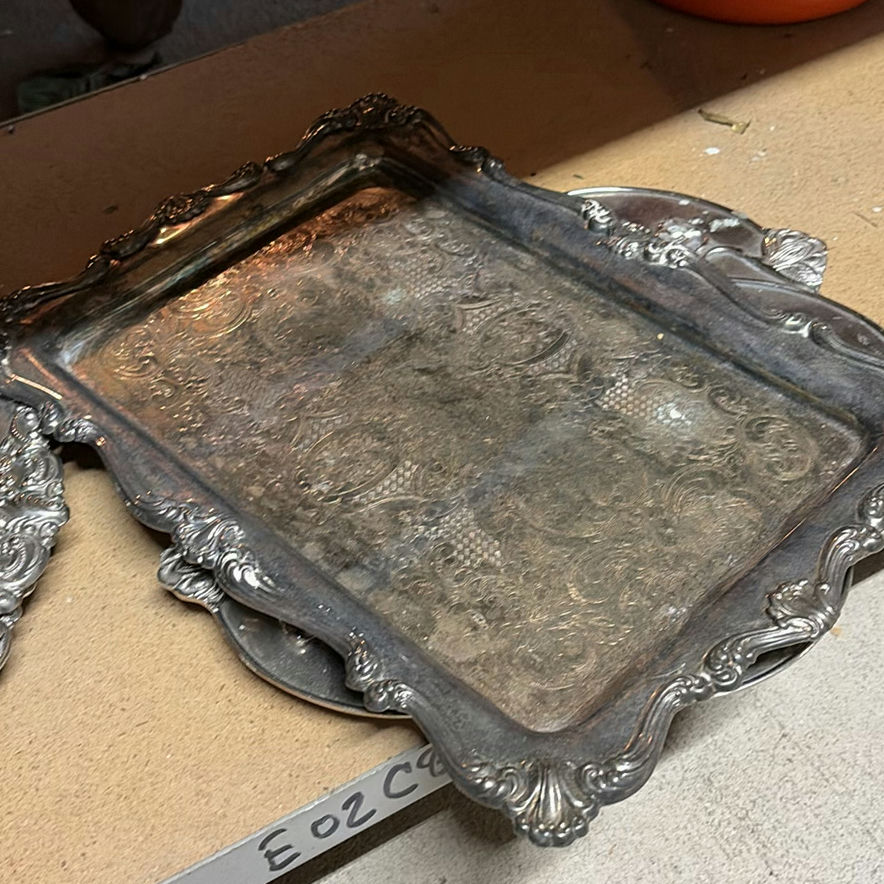 Floral Teapot, Ornate Silver plated Trays, Enamel Pot, and Glass Jar - image 3 of 4