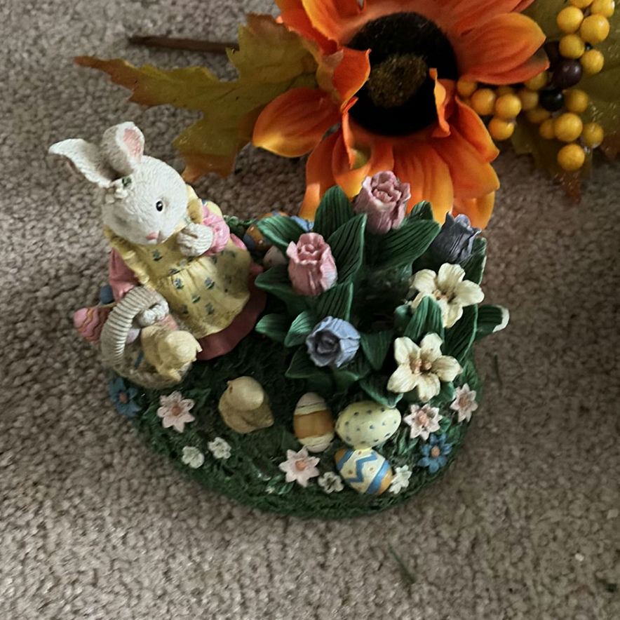 Autumn-themed decorative pumpkins, floral arrangements, bunny ornament, and table lamp - image 2 of 7