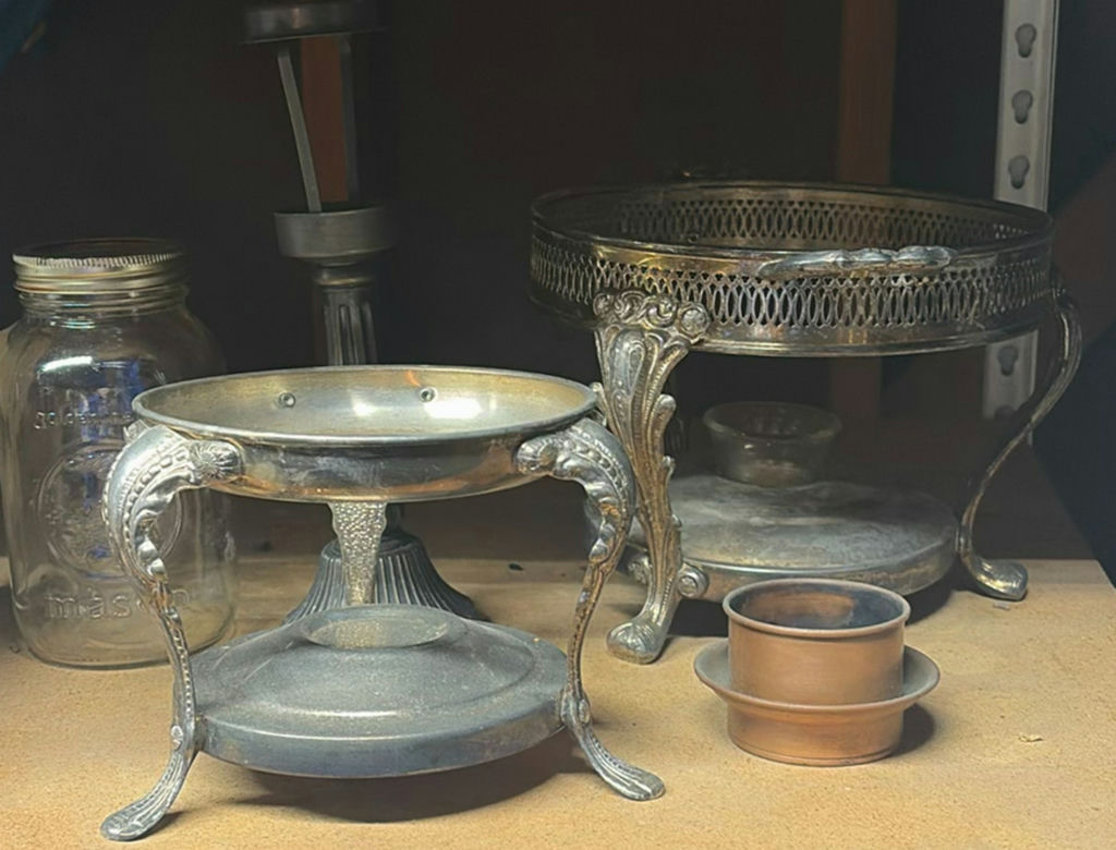 Glass cake stands, ornate metal stands, jars, and sandwich maker kit - image 5 of 5