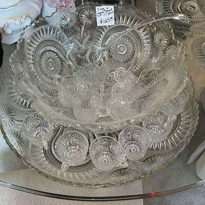 Crystal punch bowl set with pedestal and matching cups - Image 1 of 7