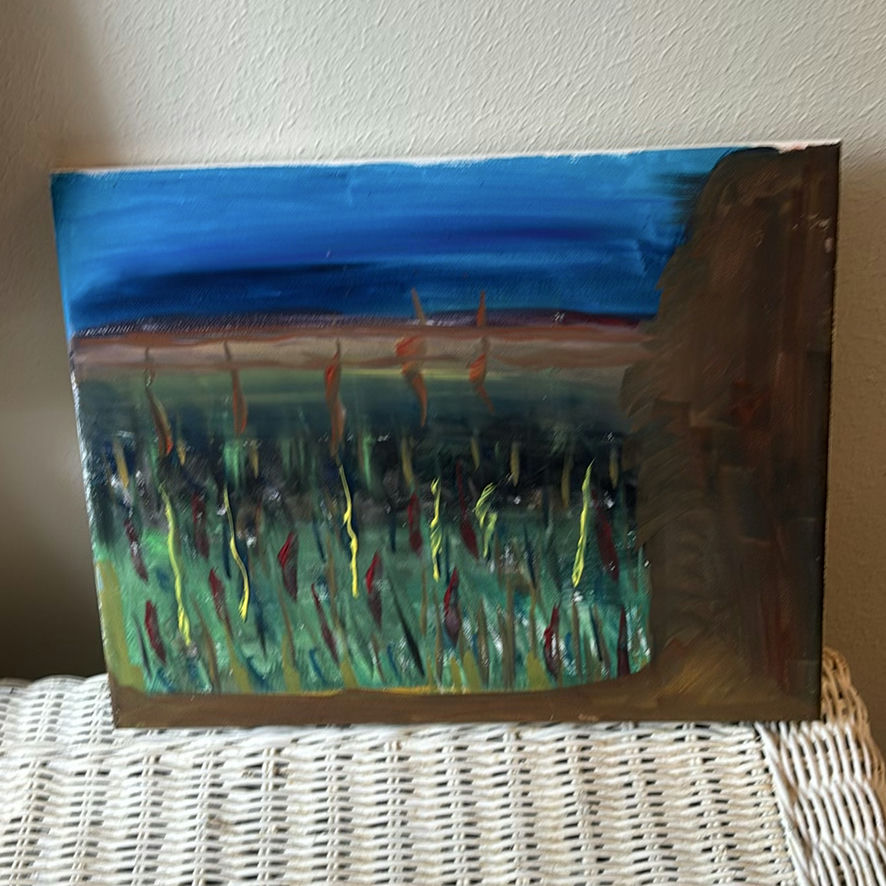 Framed memorial photograph, abstract canvases, and vintage vinyl records - image 3 of 11