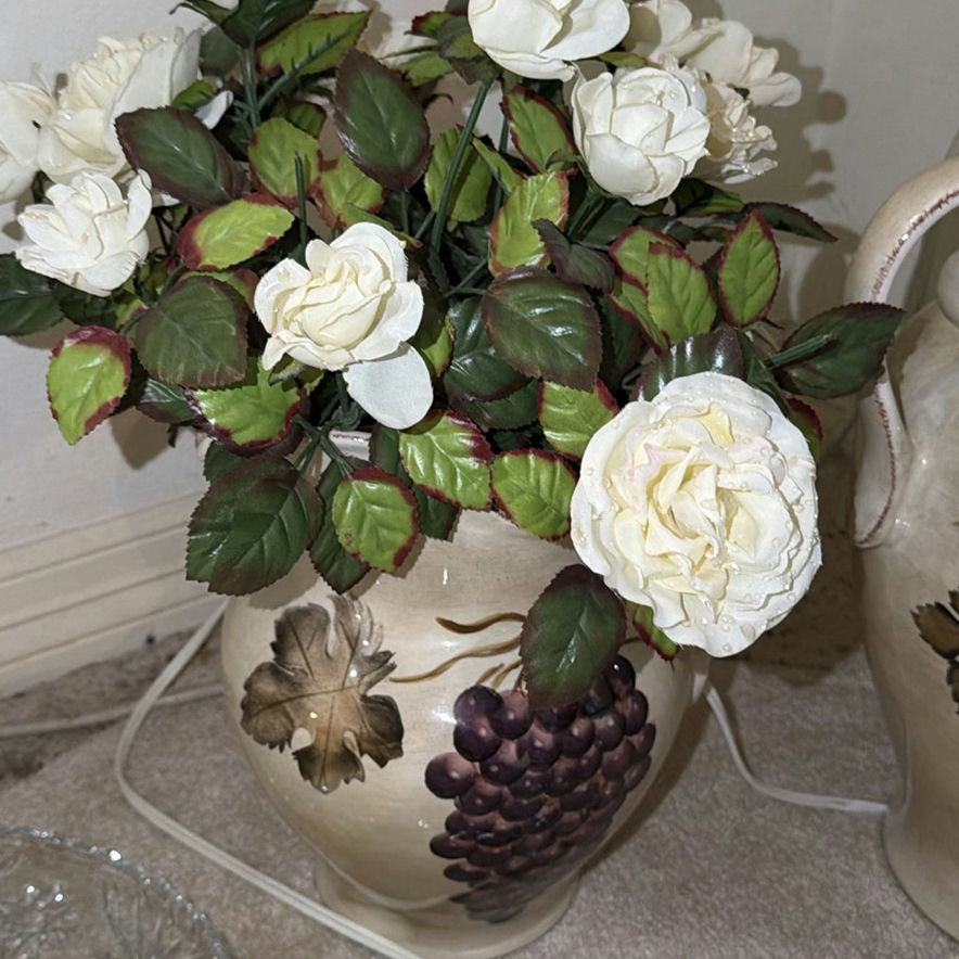 Grapevine-Decorated Ceramic Vases with White Roses and Etched Glassware - image 3 of 8