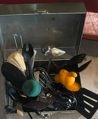 Metal box filled with assorted kitchen utensils - Image 1 of 5