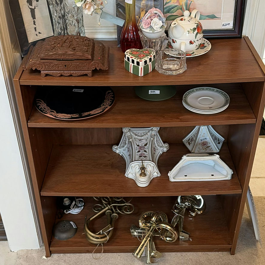 Wooden Display Shelf with Framed Art and Vintage Ceramics - image 2 of 17