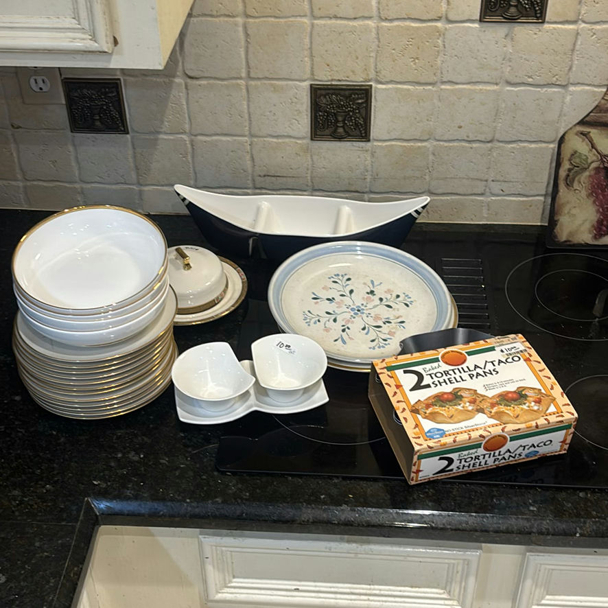 Assorted white ceramic dinnerware and tortilla shell pan set - image 1 of 13