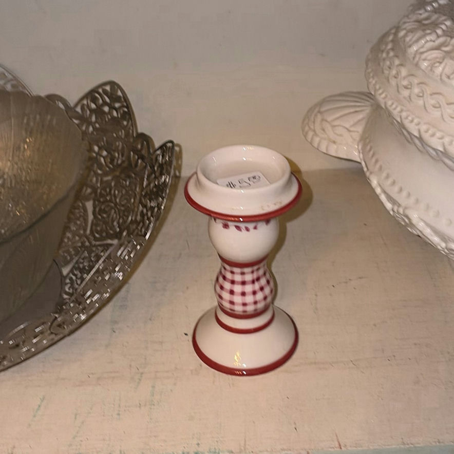 Ornate white tureen, metal filigree centerpiece bowl with nested glass bowls, and gingham candlestick - image 3 of 4