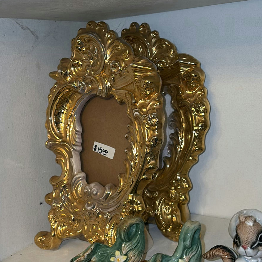 Assorted decorative home items: ornate frames, figurines, and glassware - image 2 of 7
