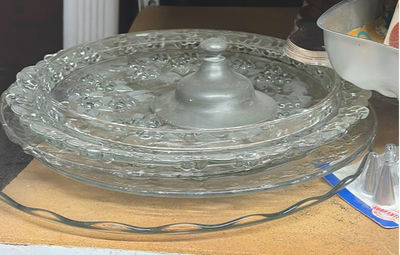 Glass cake stands, ornate metal stands, jars, and sandwich maker kit - Image 1 of 5