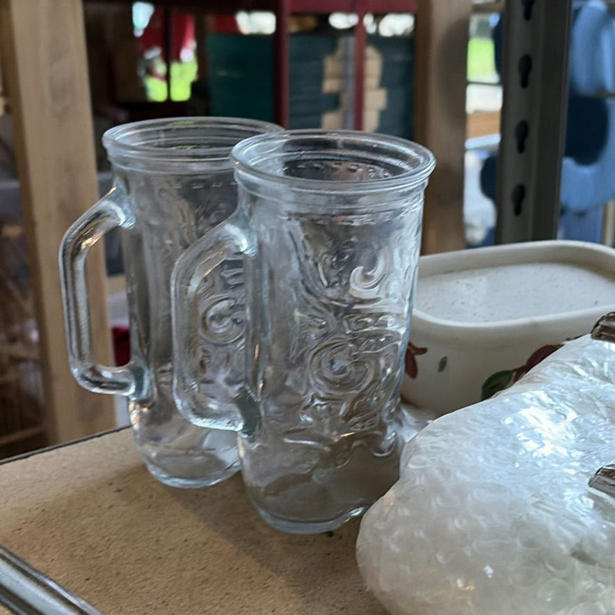Casserole dish with lid, embossed glass mugs, grape-relief cup, diamond-pattern vase, and ornate framed tile art - image 2 of 9