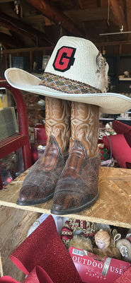 Snake-skin Western boots with a white cowboy hat - Image 1 of 7