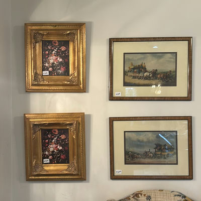 Framed floral still life prints, vintage carriage scenes, and a round wall clock - Image 1 of 6