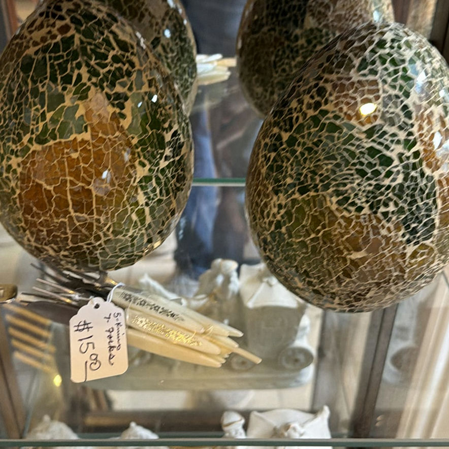 Grandfather clock with display cabinet, crackle-glazed eggs, and porcelain carriage - image 9 of 10