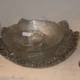 Ornate white tureen, metal filigree centerpiece bowl with nested glass bowls, and gingham candlestick - thumbnail 2 of 4
